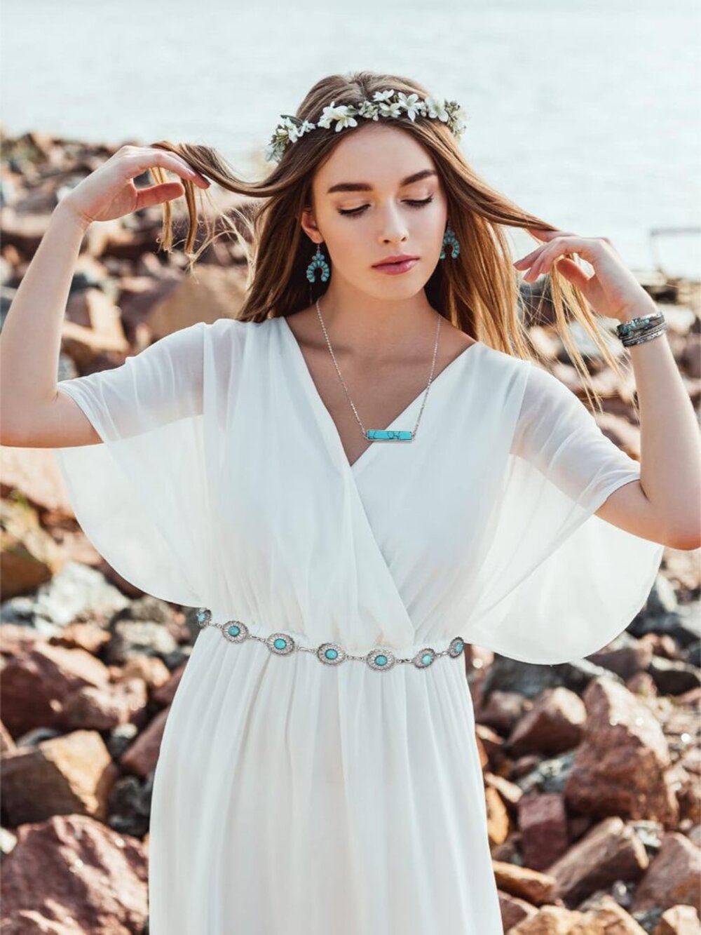 4 Pcs Bohemian Jewelry Turquoise Set for Women Western Turquoise Set Waist Belt - Picture 2 of 7